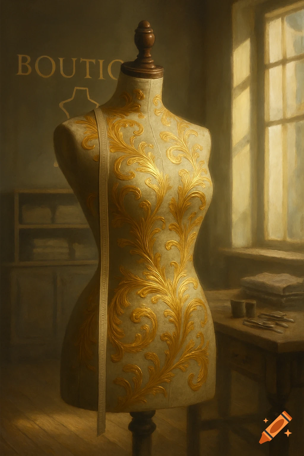 Elegant gold-patterned tailor's dummy with a measuring tape in a dimly lit boutique, with a partial 'BOUTIQUE' sign and window.