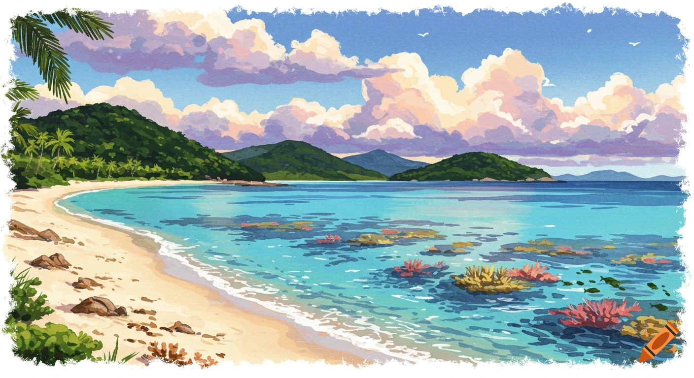 Vibrant illustration of a tropical beach with clear blue water, white sand, green mountains, and colorful clouds.