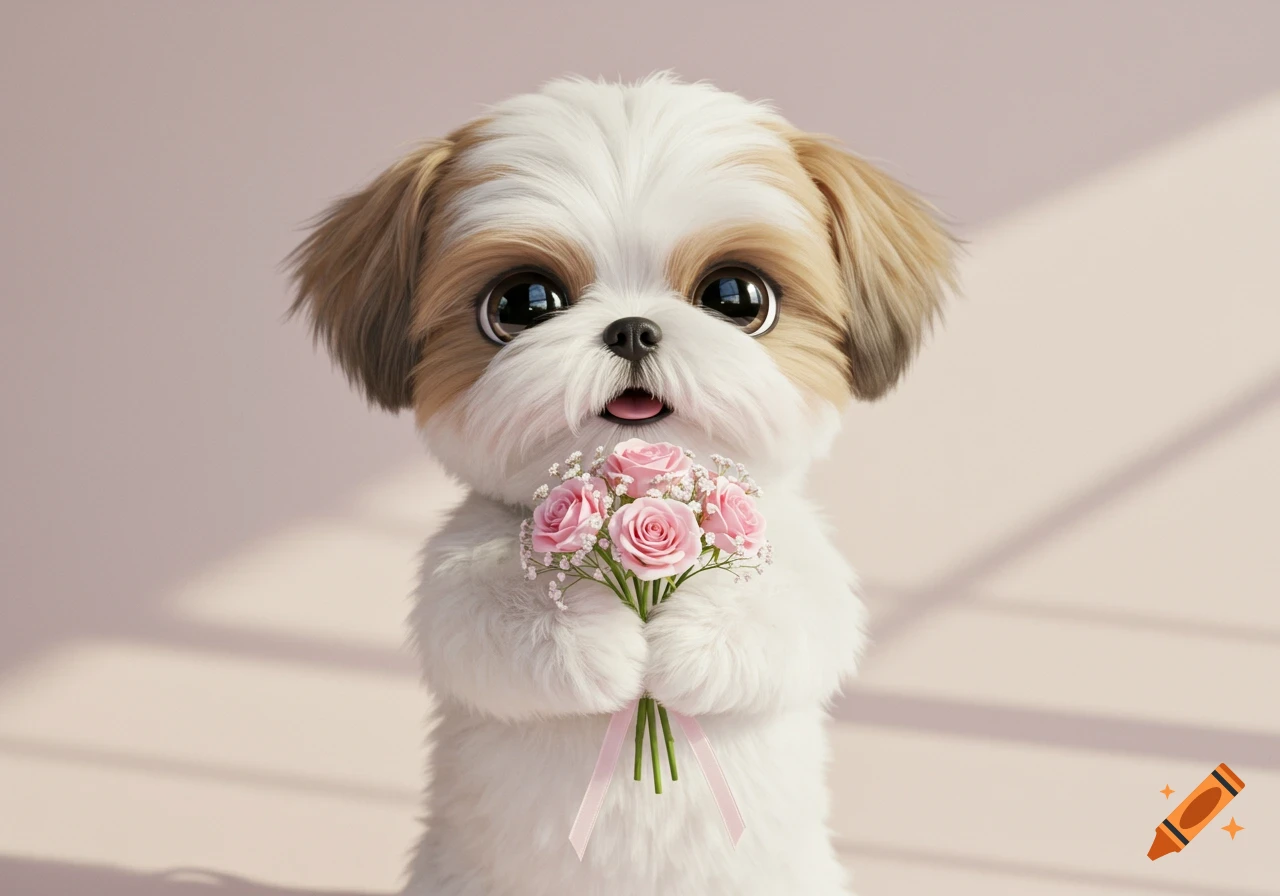 A cute digital art of a Shih Tzu puppy with big eyes holding a bouquet of pink roses.