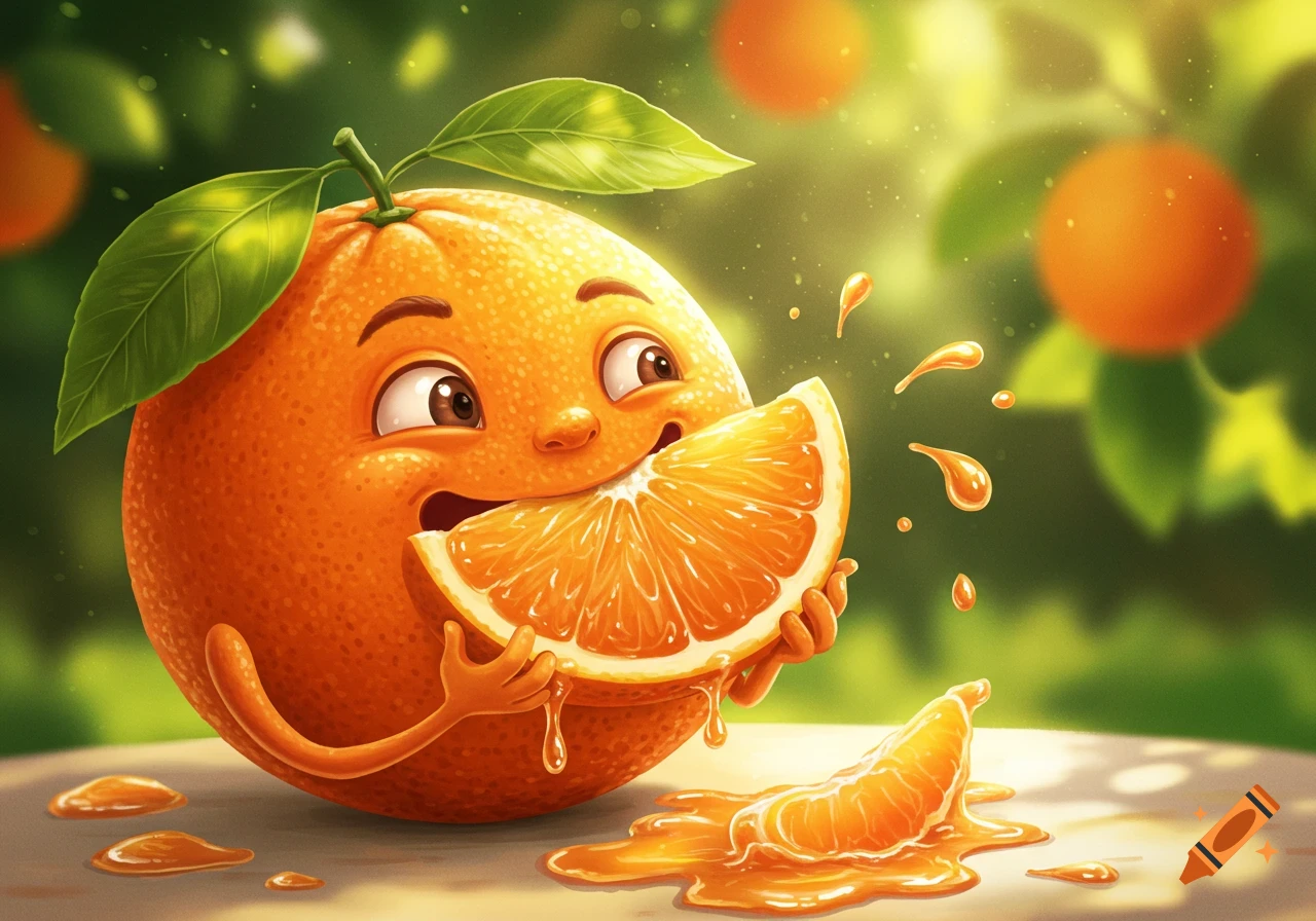 A cheerful cartoon orange with a face happily bites into a juicy slice of itself, with juice dripping and splashing.