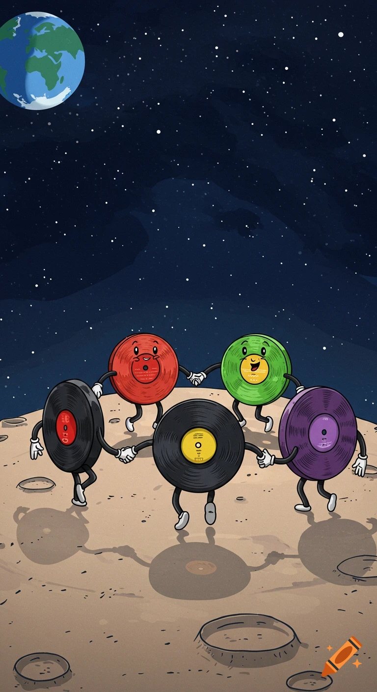 Five happy cartoon vinyl records with arms and legs dance in a circle on the moon with Earth visible in the background.