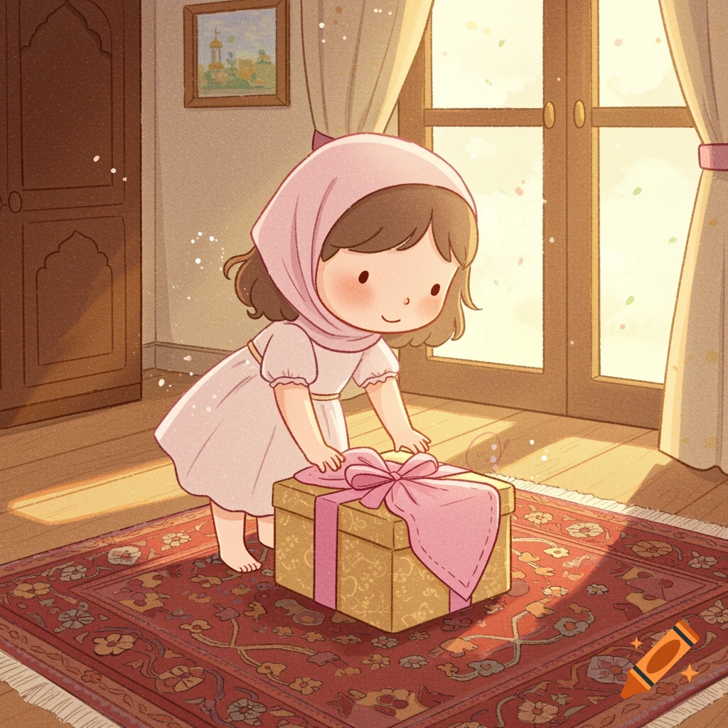 A cute cartoon girl in a pink dress and headscarf opens a gift box with a pink bow in a sunlit room with a patterned rug.