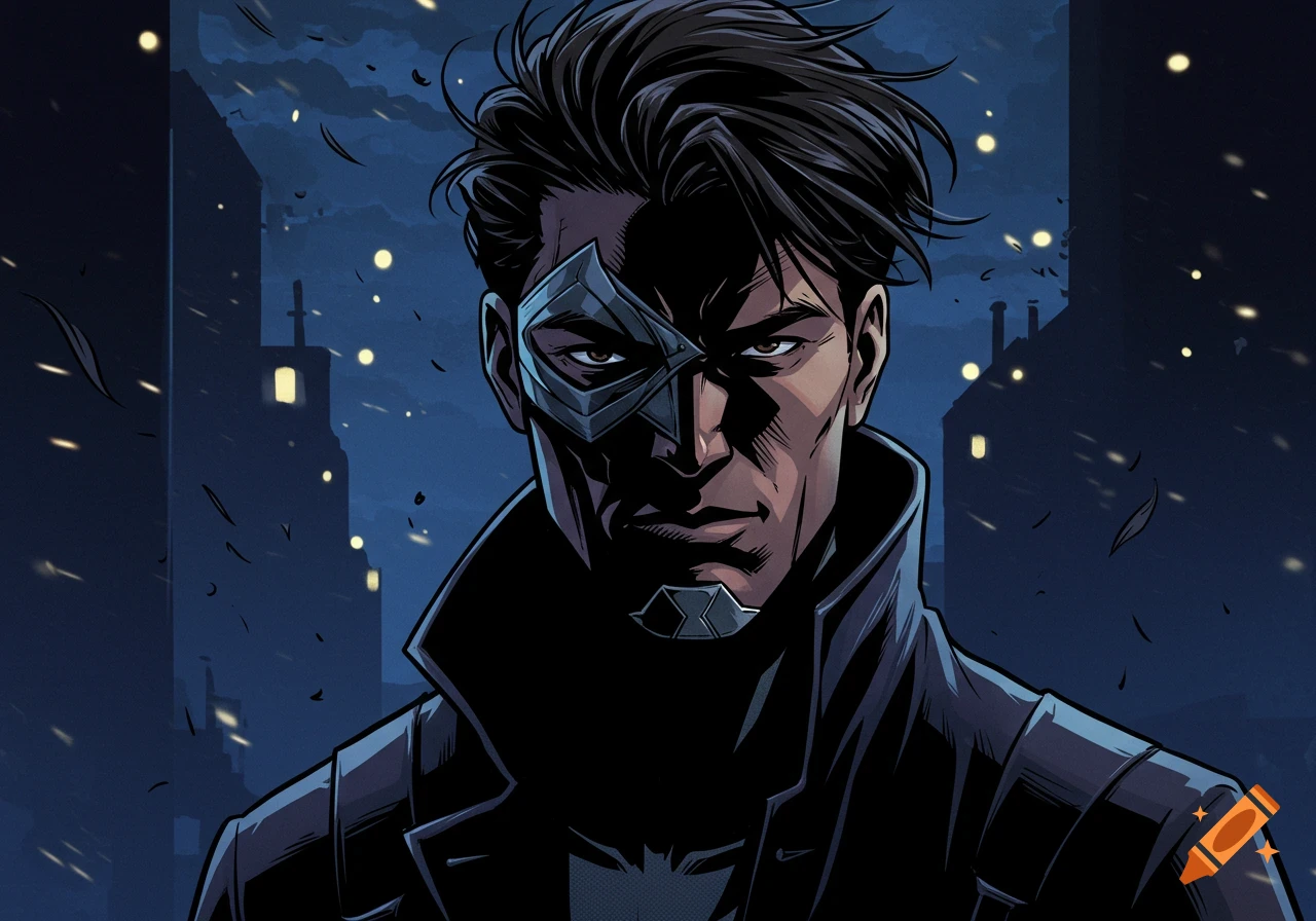 A close-up comic book illustration of a mysterious man with dark hair and a metallic mask over one eye, set against a dark city background.