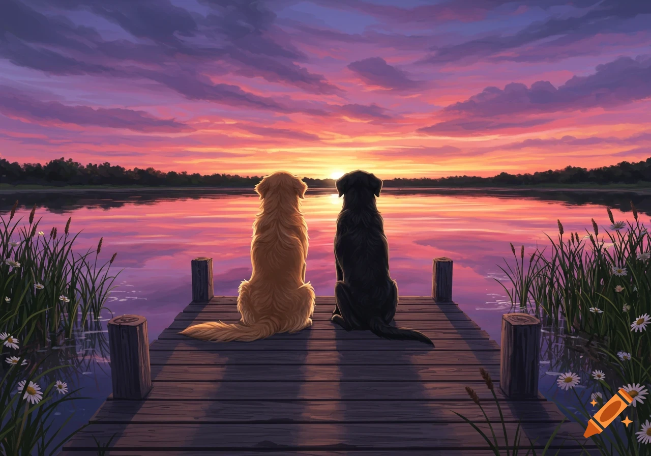 Two dogs sit on a wooden dock looking out at a vibrant pink and purple sunset over a calm lake.