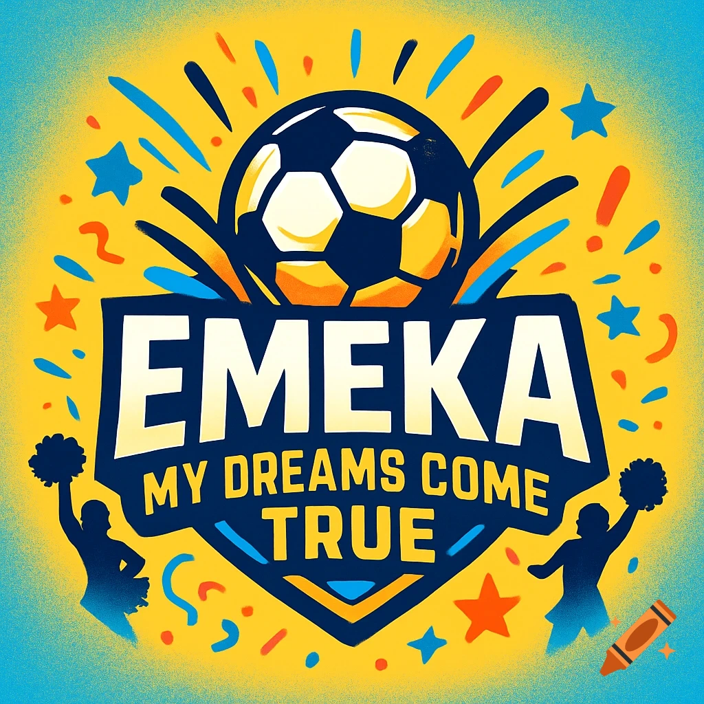 Vibrant yellow and blue team logo with a football, text 'EMEKA MY DREAMS COME TRUE', and silhouettes of cheerleaders.