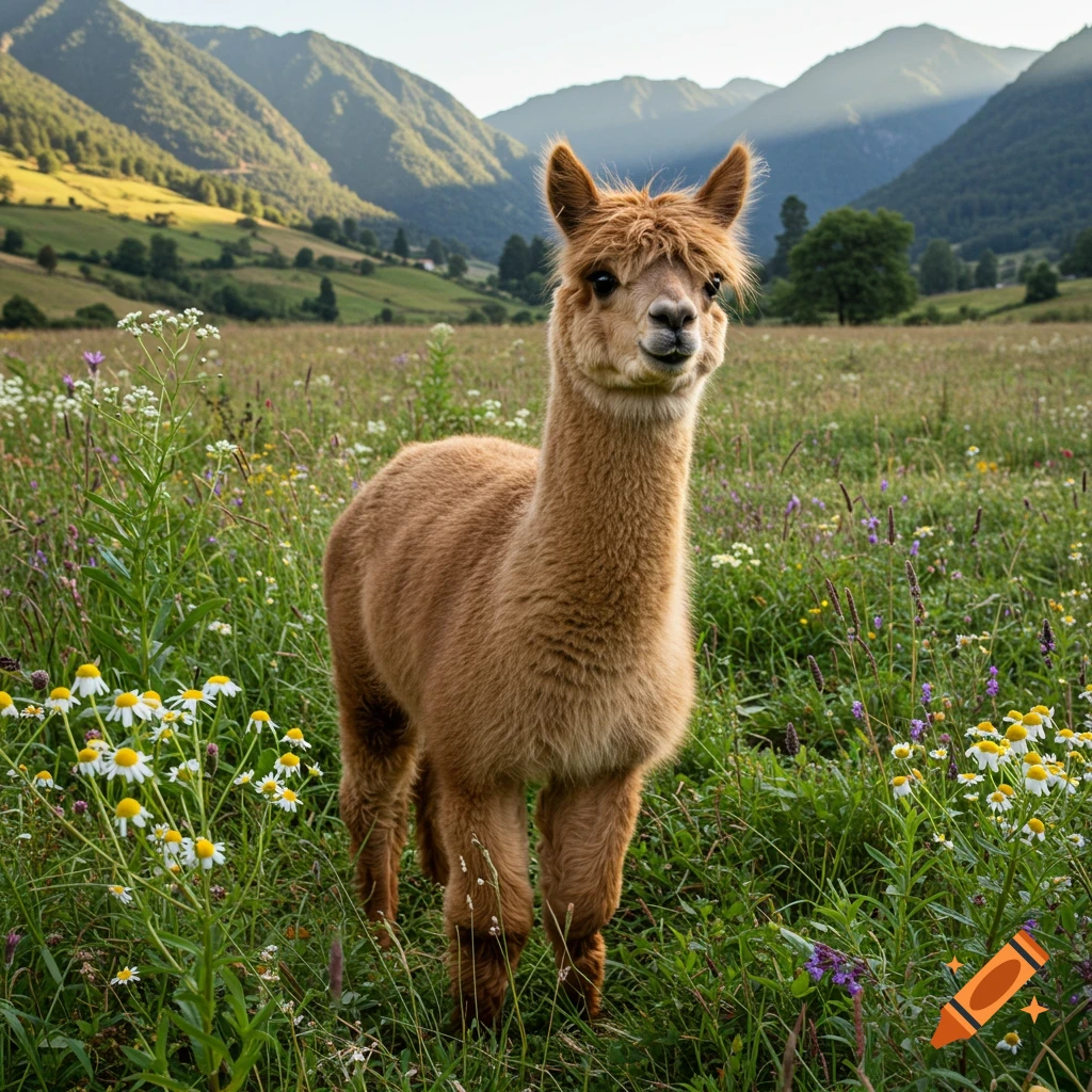 A light brown alpaca stands in a field of wildflowers with green mountains in the background.