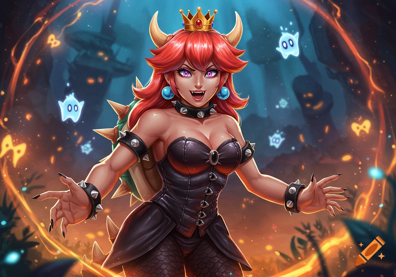 A fierce Bowsette character with red hair, crown, and horns, wearing a black spiked outfit, standing against a fiery, dark background with ghost-like figures.