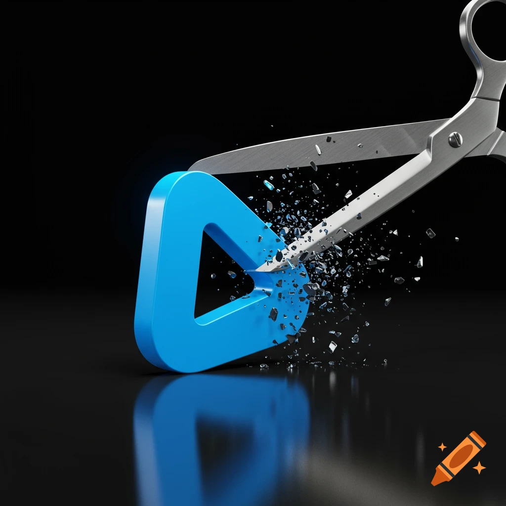 A blue play button is being cut in half by metal scissors, shattering into small pieces on a reflective dark surface.