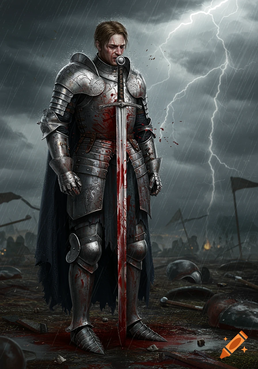 A knight in bloodied silver armor stands with a sword impaling him, under a stormy sky with lightning.