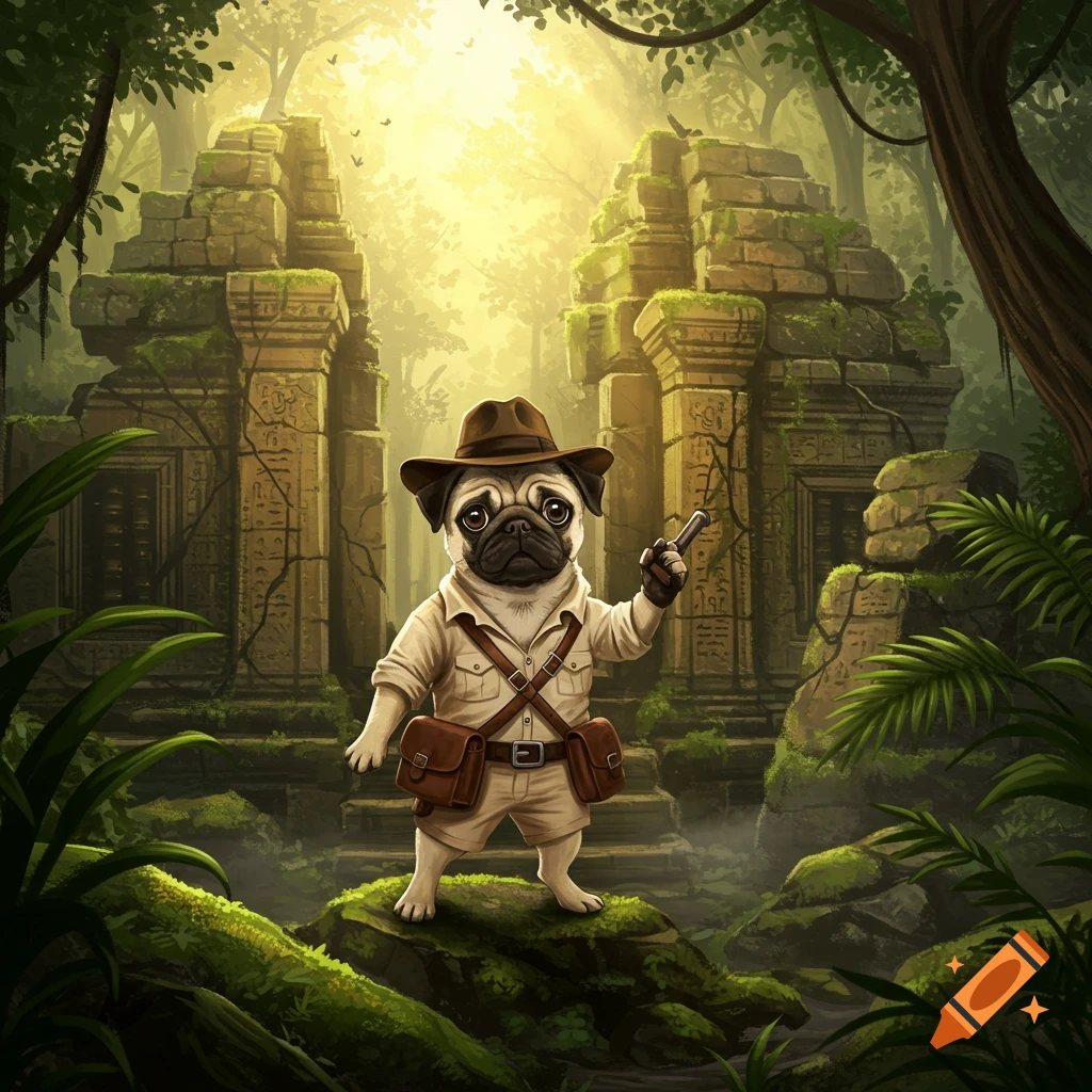 An illustrated pug dressed as a tomb raider stands in a lush jungle surrounded by ancient ruins.