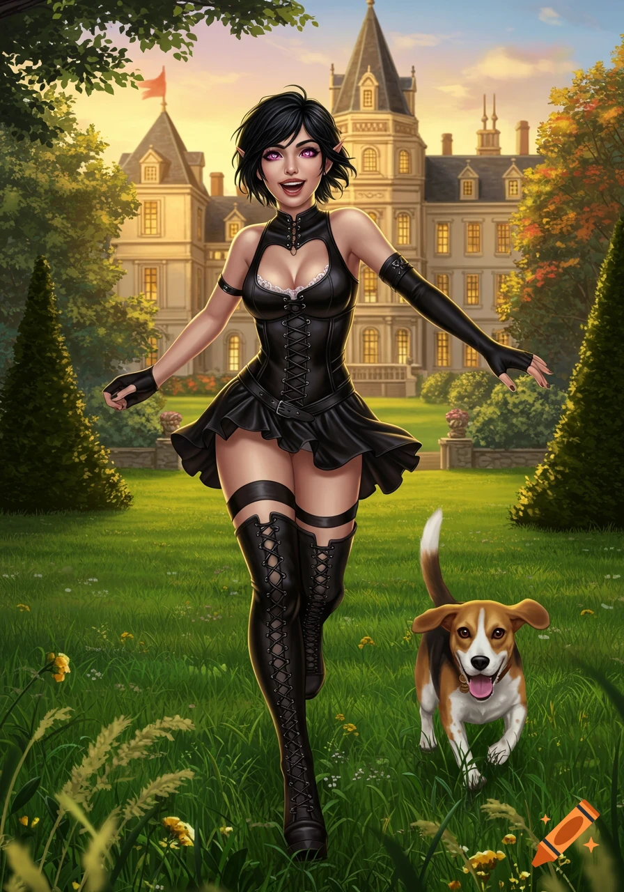 A smiling, short black-haired elf in a black leather corset dress and thigh-high boots runs playfully through a grassy manor lawn, chased by a beagle.