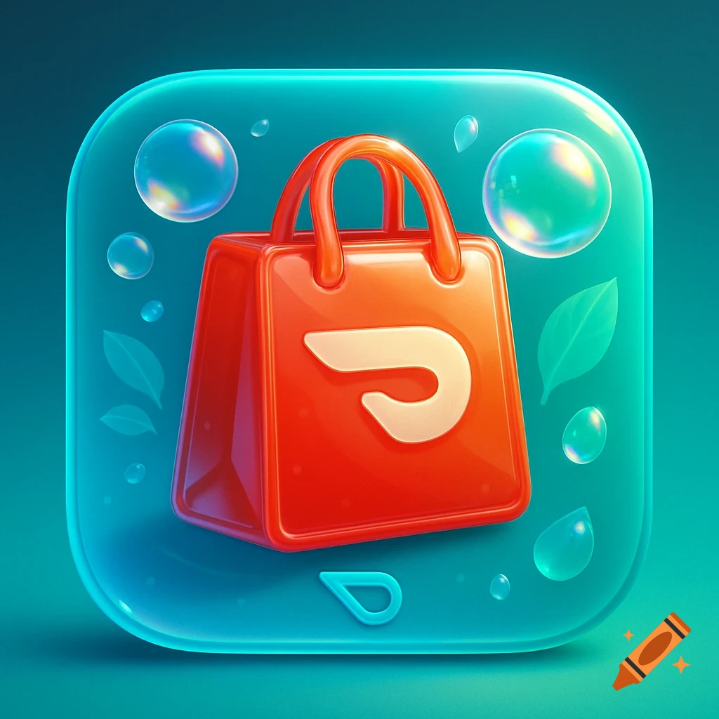 A glossy, translucent blue app icon featuring a 3D red DoorDash shopping bag with the white DoorDash logo. Bubbles and leaves float around it.