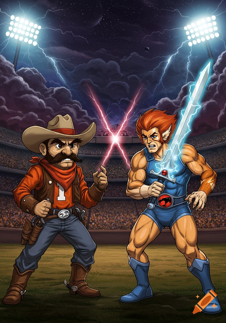 Cartoon-style image of Pistol Pete and Lion-O facing each other in a stadium at night with lightning.