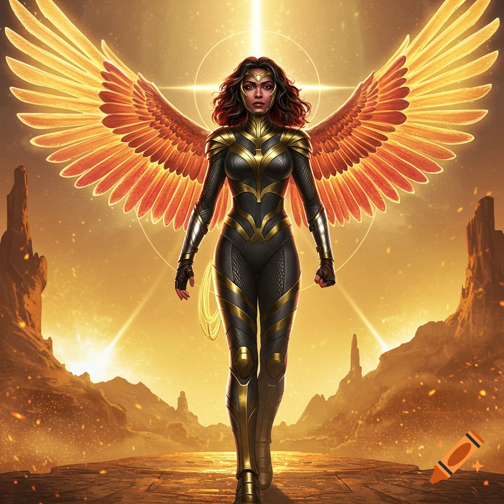 A powerful Amazonian superhero in black and gold armor with glowing golden wings stands in a desert landscape under a radiant sky.
