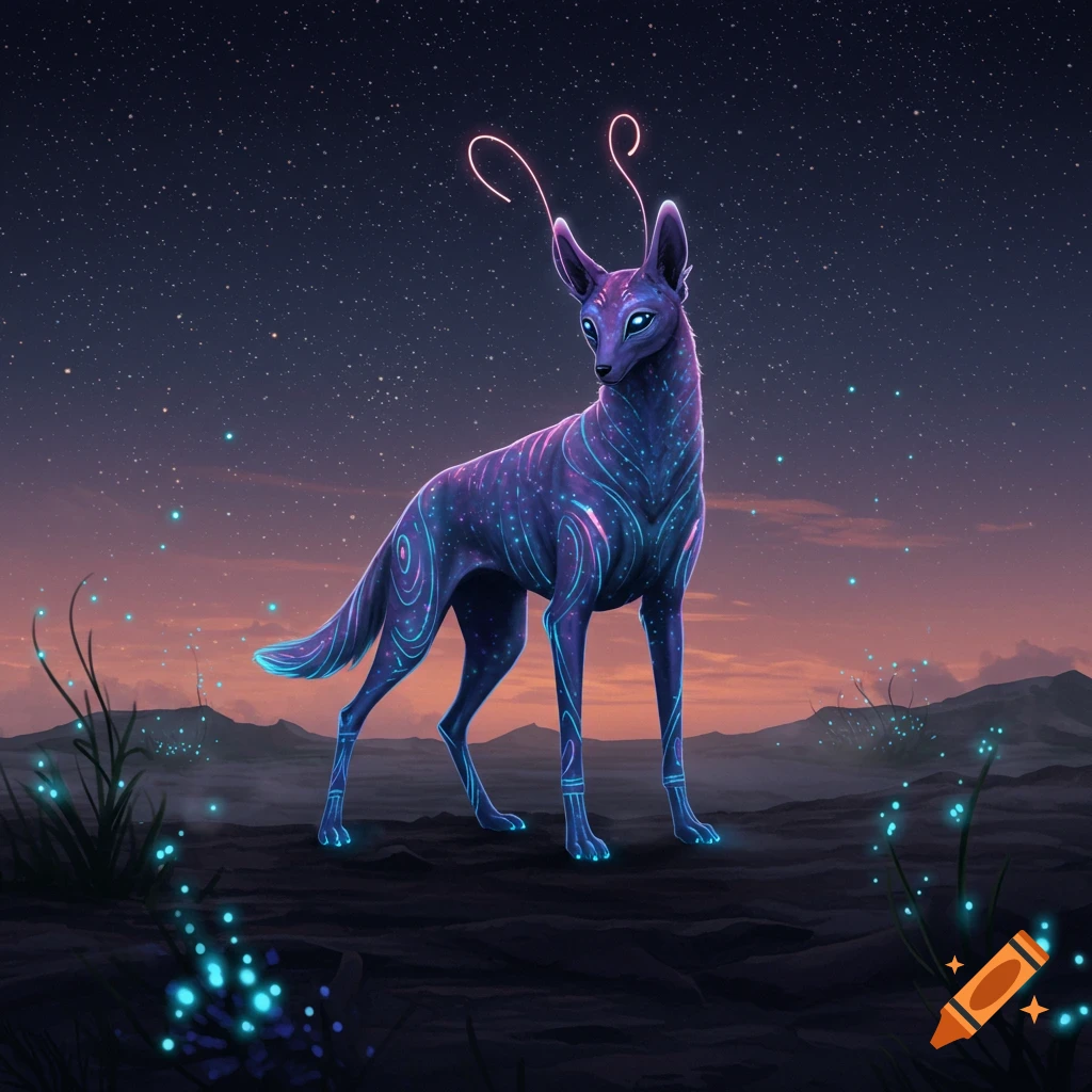 A purple alien dog with glowing blue and pink patterns stands under a starry night sky with a subtle sunset glow on the horizon.