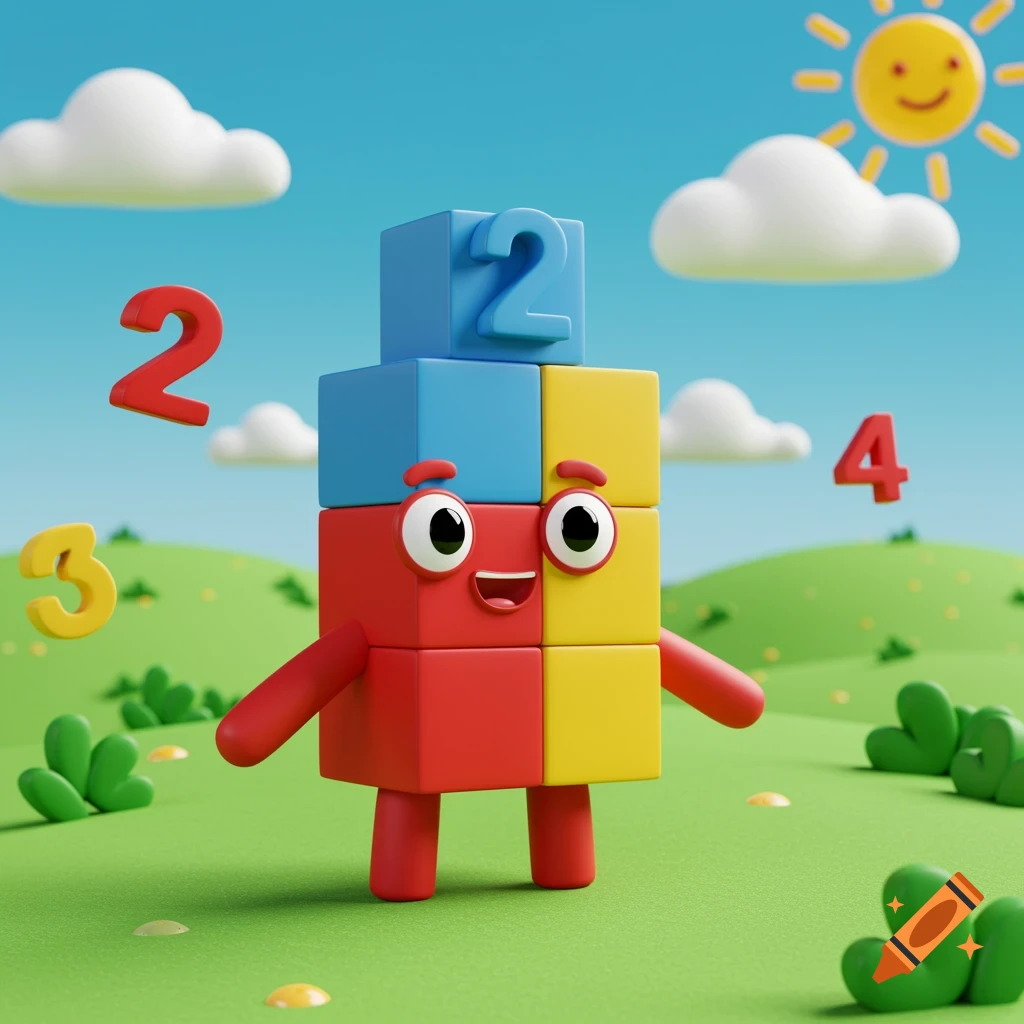 A cheerful 3D cartoon character made of red, blue, and yellow blocks, with numbers 2, 3, and 4 floating in a sunny green field.