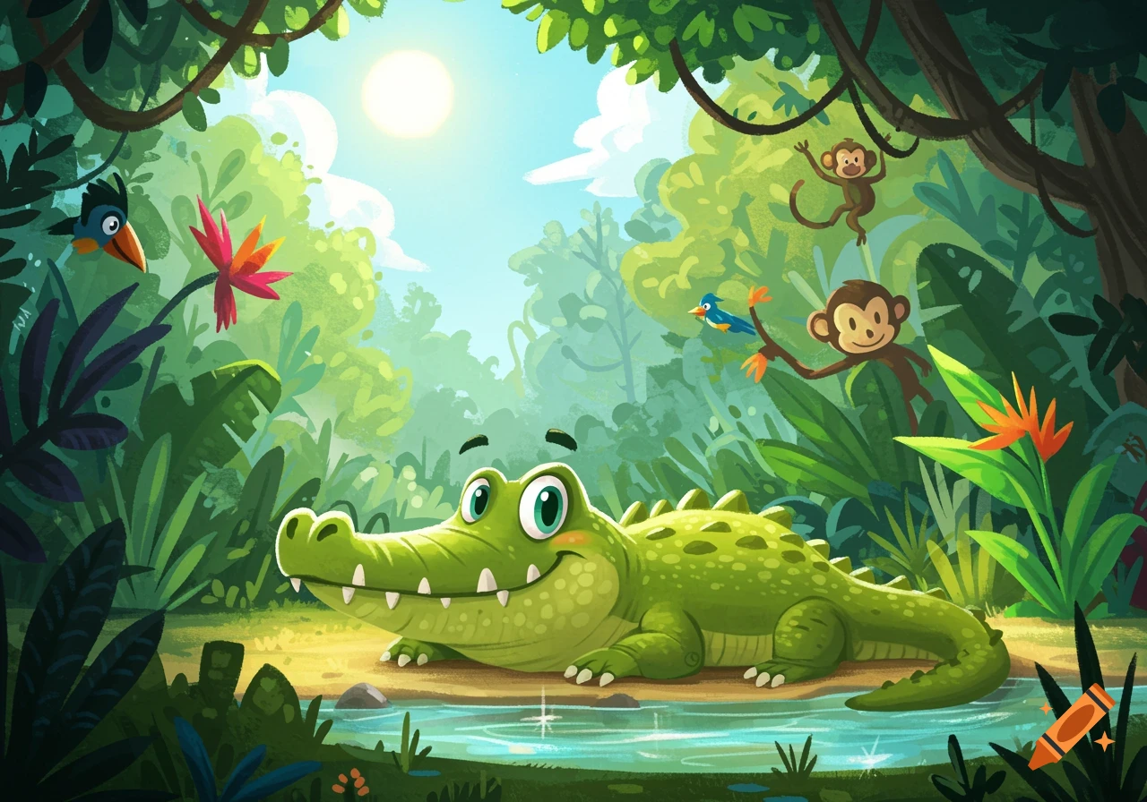 A friendly cartoon alligator smiles by a stream in a vibrant green jungle with trees, monkeys, and birds.