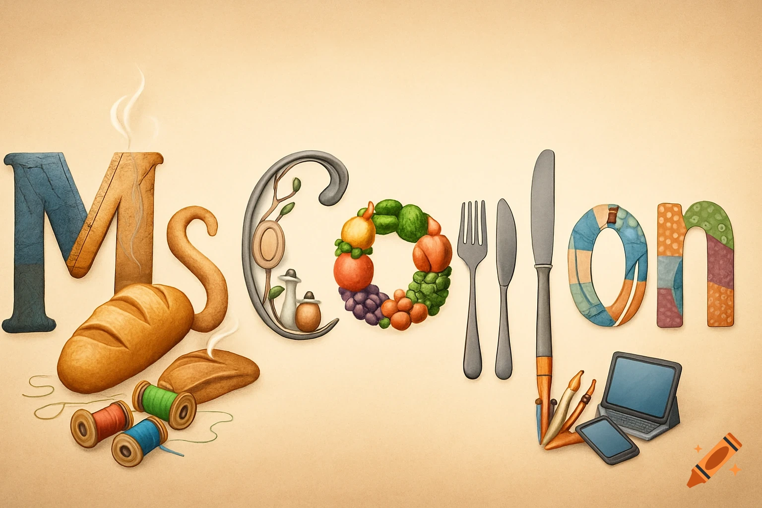 Stylized illustration spelling 'Ms. Conlon' with letters formed from bread, sewing spools, fruits, vegetables, cutlery, and technology items.