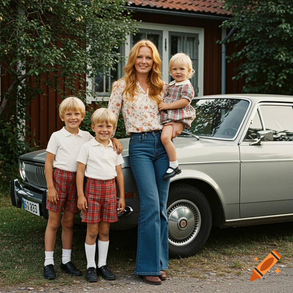 A woman with reddish-blonde hair, two boys in plaid shorts, and a toddler girl in a plaid dress pose in front of a vintage car and house in a 1970s photorealistic style.