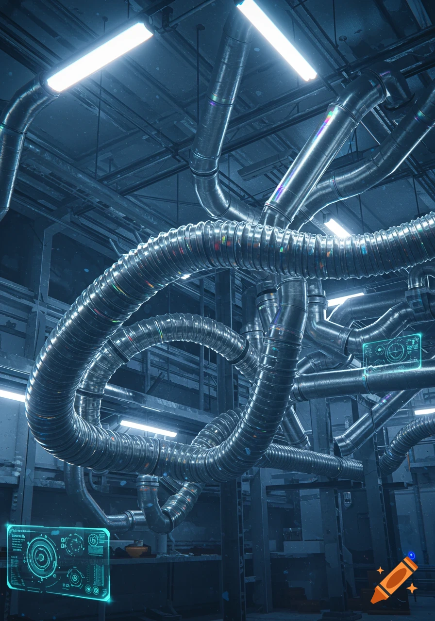 A low-angle view of a complex industrial piping system with holographic displays, illuminated by bright overhead lights in a futuristic blue-toned facility.