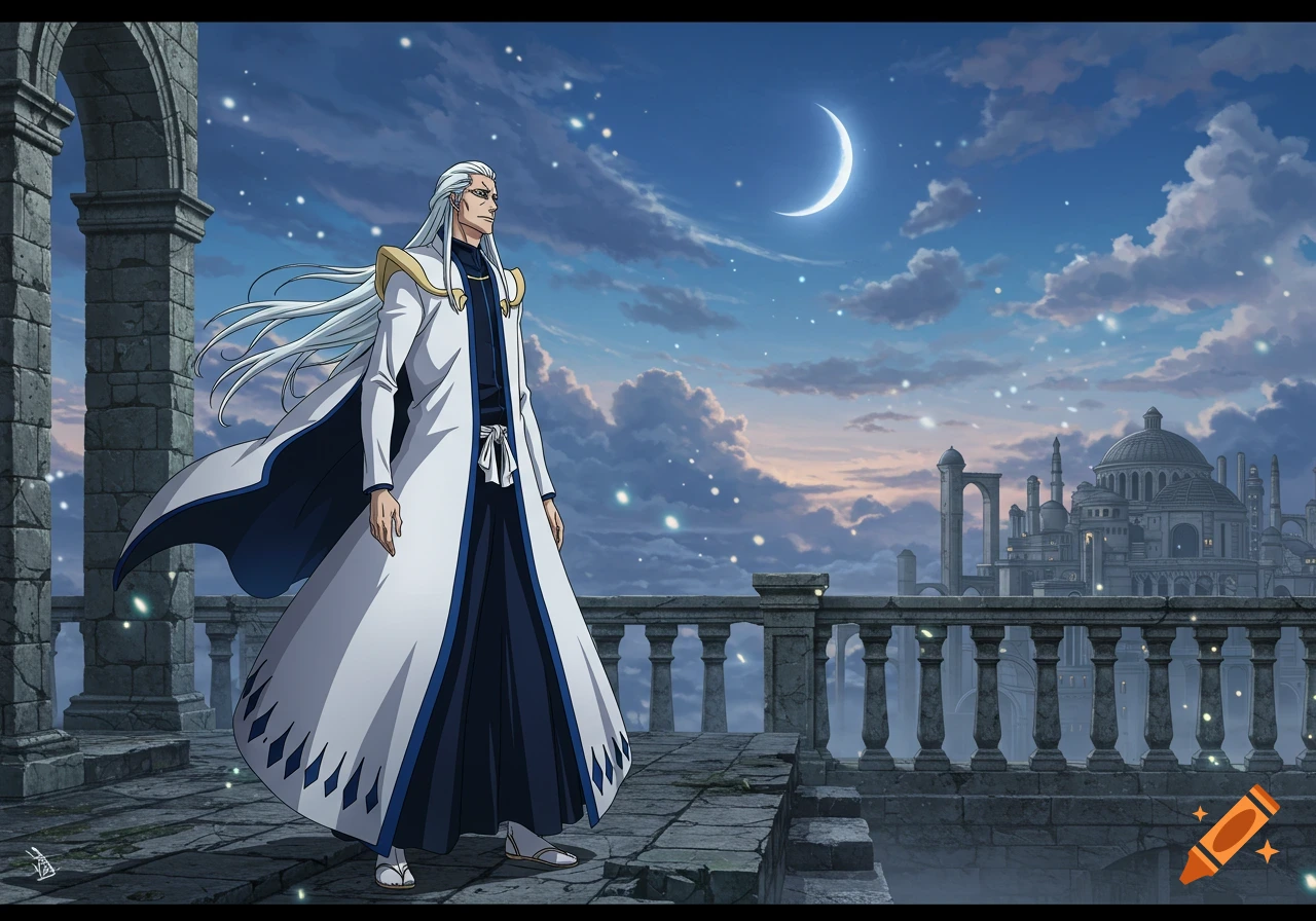 A long-haired man in a white and blue coat stands on a stone balcony overlooking a fantasy city under a starry, crescent moonlit sky.