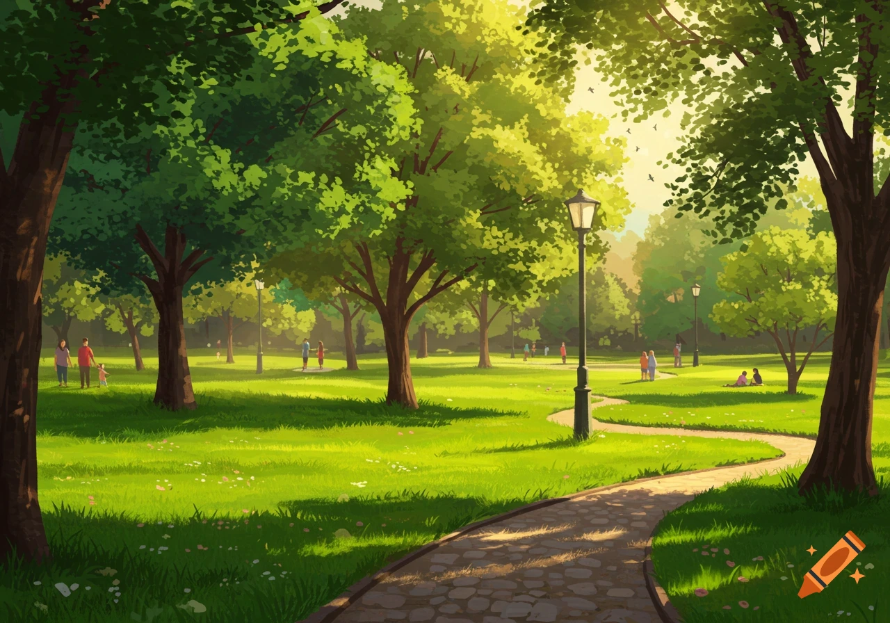 A vibrant, illustrative landscape of a public park with lush green grass, many trees, a winding stone path, and small groups of people enjoying the sunny day.
