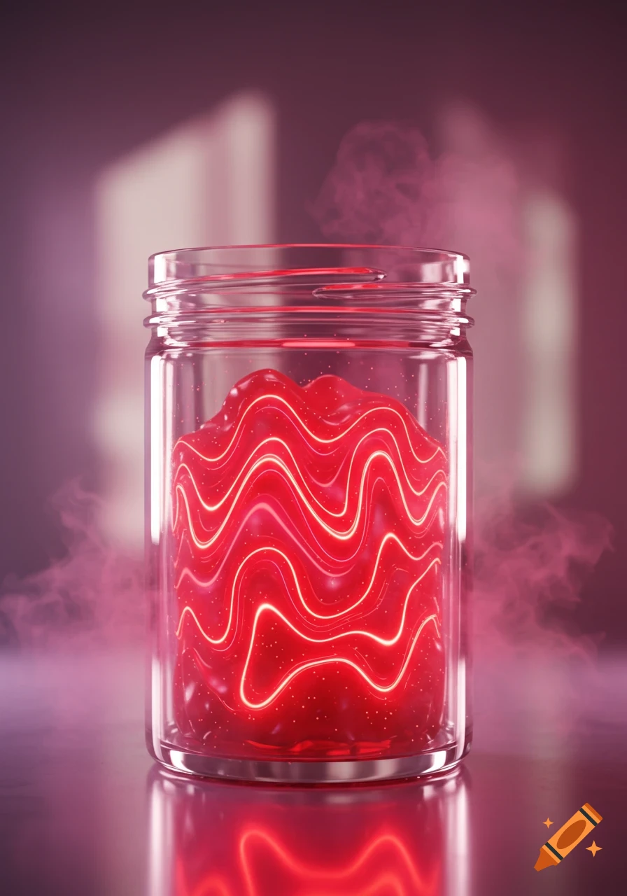 A glass jar filled with glowing red, wavy plasma energy, emitting smoke on a reflective surface.