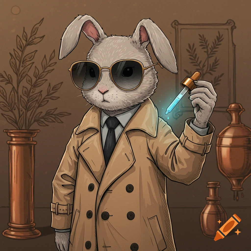 A grey anthropomorphic bunny wearing sunglasses and a tan trench coat, holding a glowing blue liquid dropper in an illustration style.