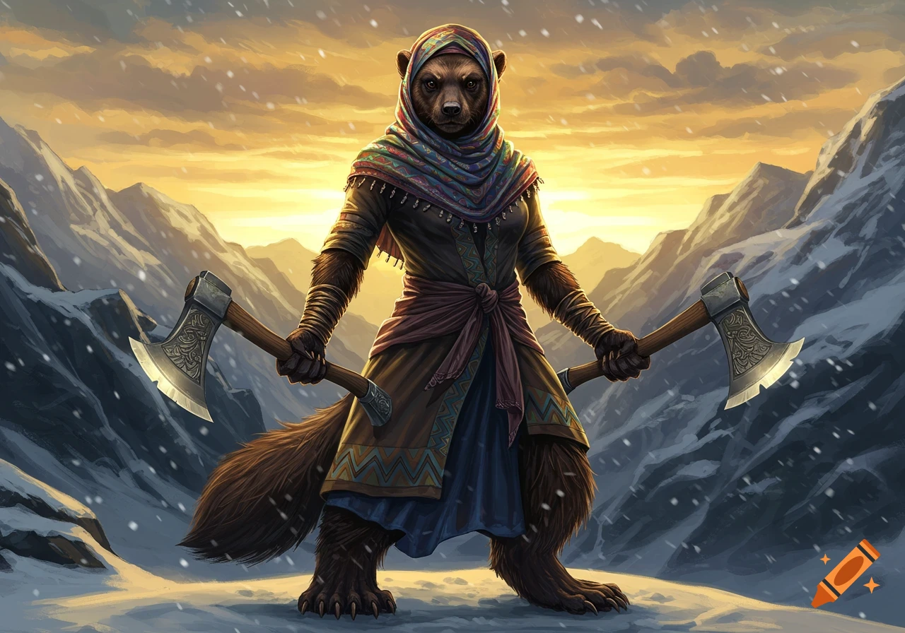 A powerful female wolverine creature in a colorful hijab and robes stands with two axes in a snowy mountain landscape at sunset.