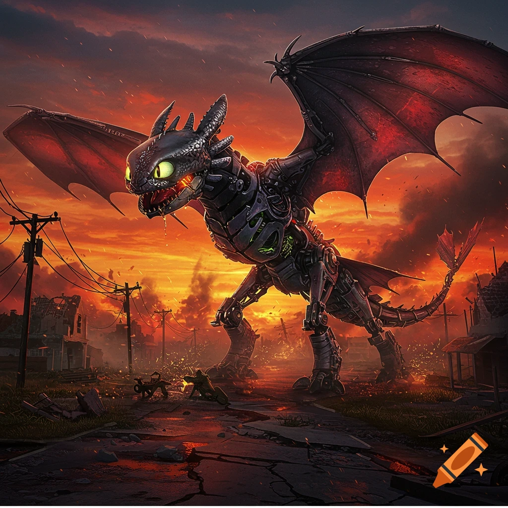 A formidable mechanical dragon, resembling Toothless, stands amidst a destroyed town under a fiery orange and red sky.