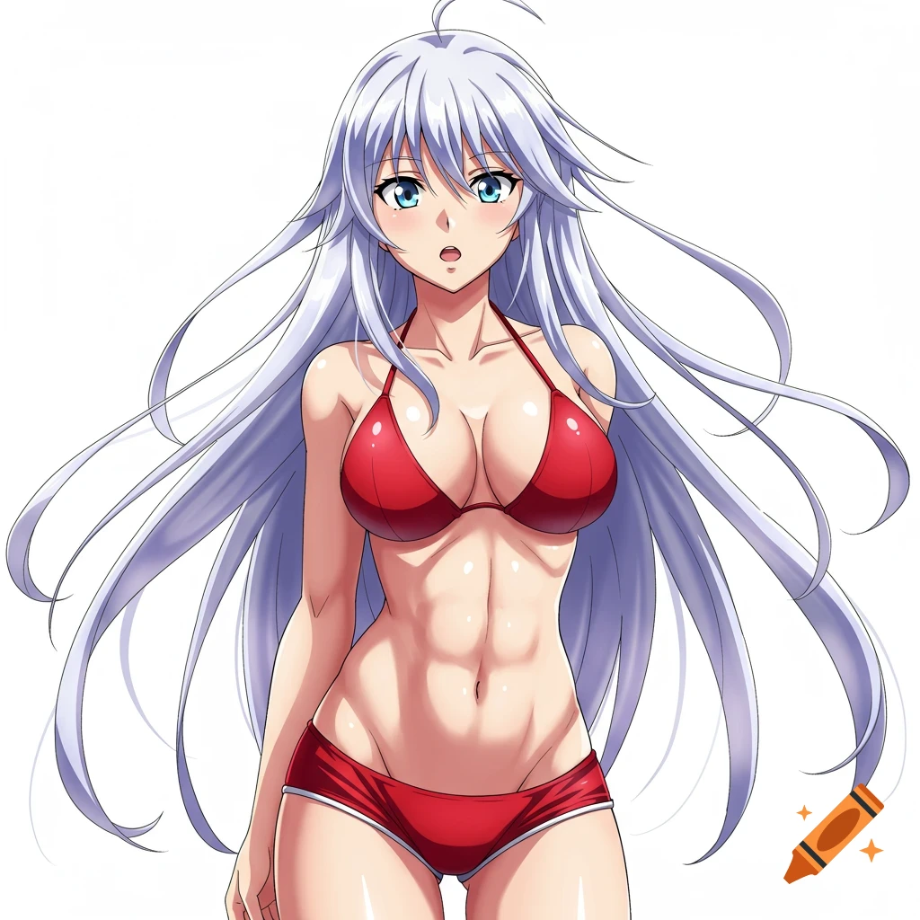 Anime-style female character with long silver hair, wearing a red bikini top and shorts, against a white background.