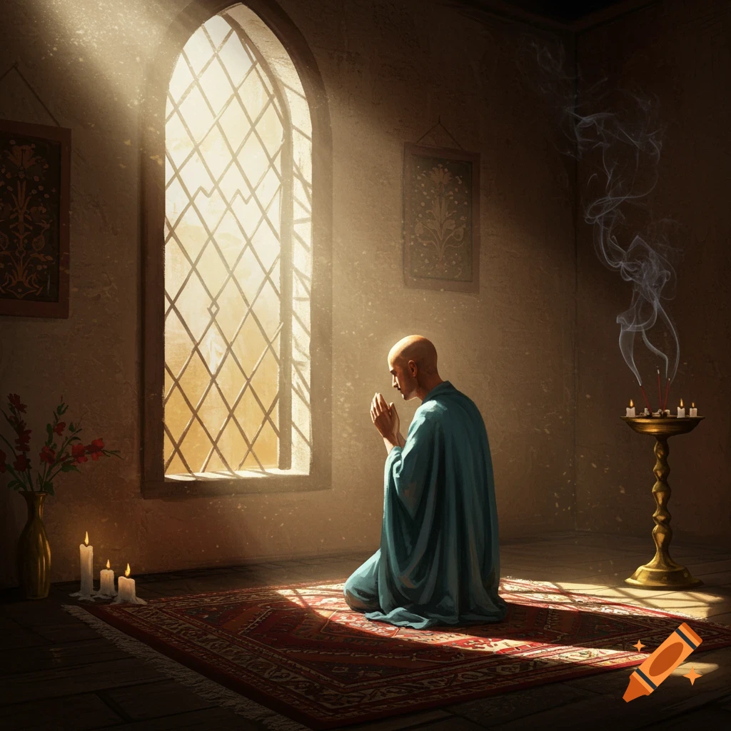 A bald man in a blue robe kneels on a red patterned rug, praying by a sunlit arched window in an old room with candles and incense.