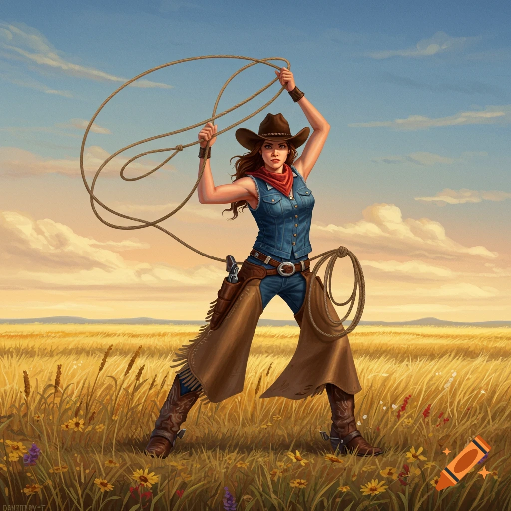 A stylized painting of a determined cowgirl in a denim vest and chaps, holding a lasso in a golden field under a blue sky.