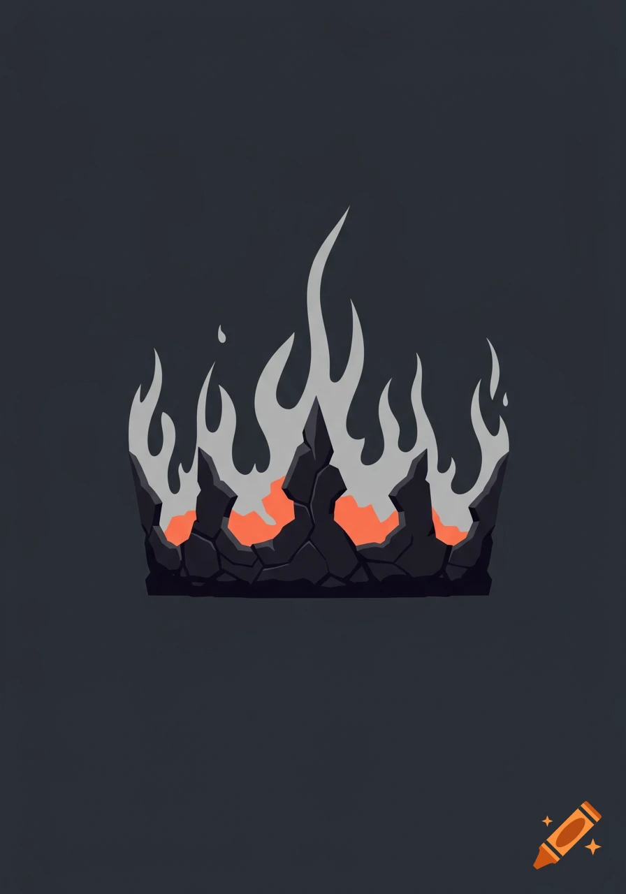 A digital drawing of a crown made of dark, crumbling ash with light gray smoke and orange embers rising from it on a dark gray background.