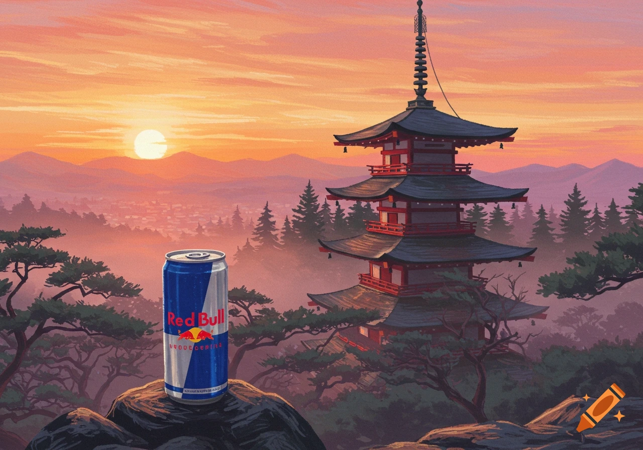 A pastel painting depicts a Red Bull can on a rock with a Japanese pagoda and mountains at sunset.