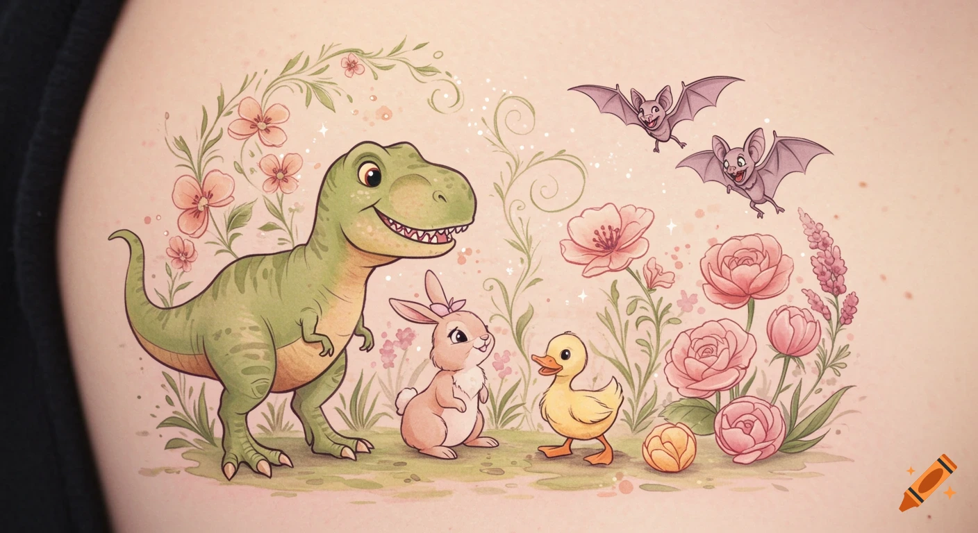 A cute T-Rex, bunny, duckling, and two bats in a whimsical floral garden illustration.