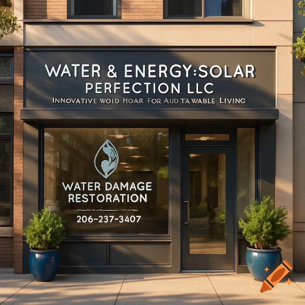 A photorealistic image of a water and energy solar perfection LLC storefront with two potted plants on the sidewalk.