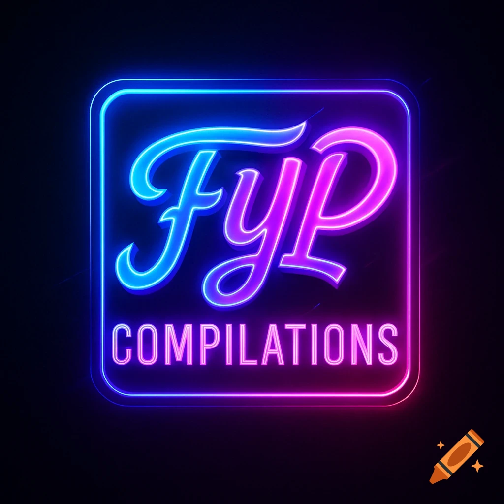 A vibrant neon logo featuring the word "Fyp" in blue and pink, above "COMPILATIONS" in purple, all enclosed in a glowing rounded square outline.