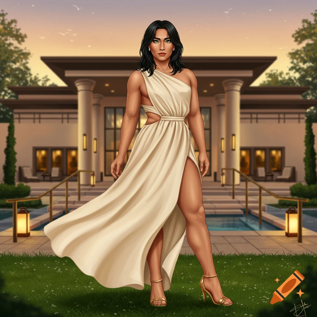 A muscular person with dark hair and green eyes poses in a cream high-slit dress and gold heels outside a luxury resort.