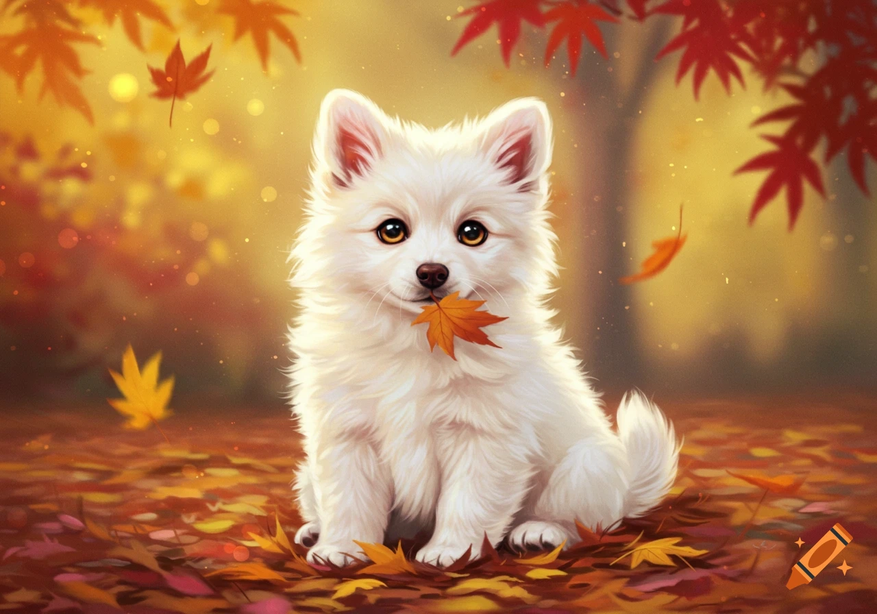 A cute, fluffy white puppy sits among colorful autumn leaves, holding an orange leaf in its mouth, with a warm, soft background.