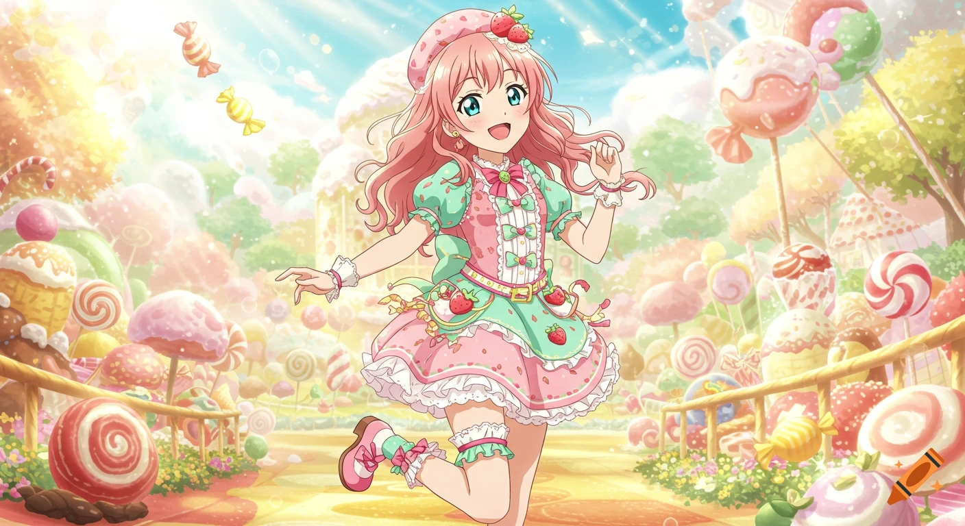 A cheerful anime girl in a pink and mint green strawberry dress skips happily through a vibrant candy land.