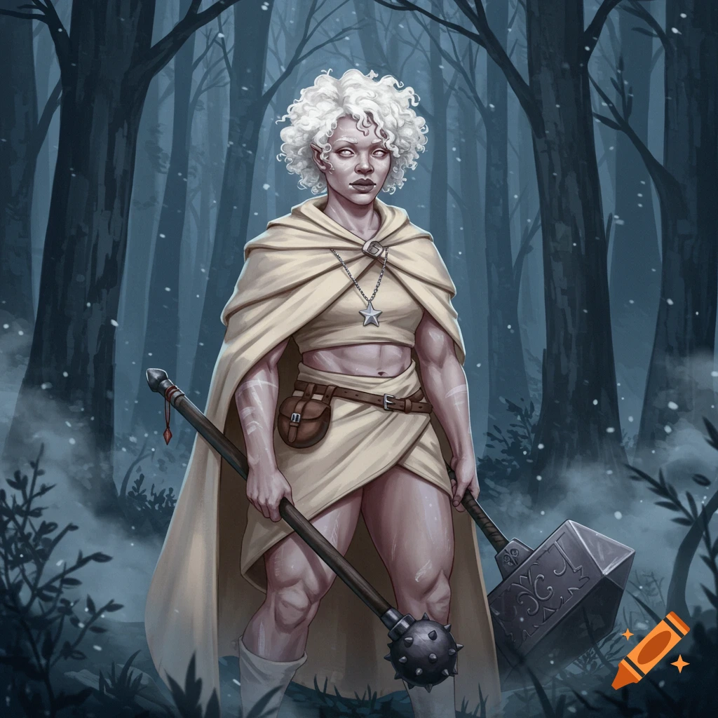 A stocky, strong albino young woman with frizzy white hair stands in a snowy forest at night, wearing a cream cloak and holding a mace and hammer.