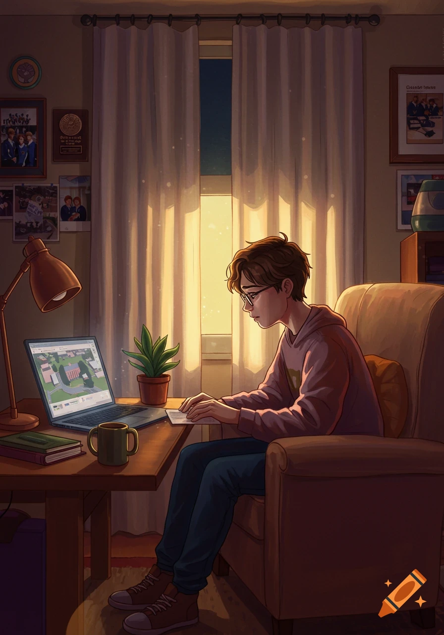 A young student sits at a desk in a cozy room, focused on their laptop screen glowing with a map, in a digital art style.