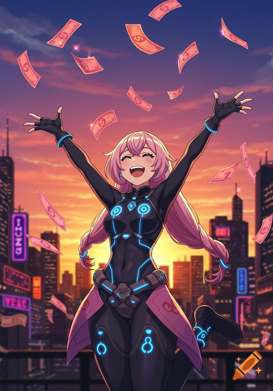 Anis from Nikke, an anime character with pink hair in a black futuristic suit, happily throws pink money into the air above a neon-lit city at sunset.