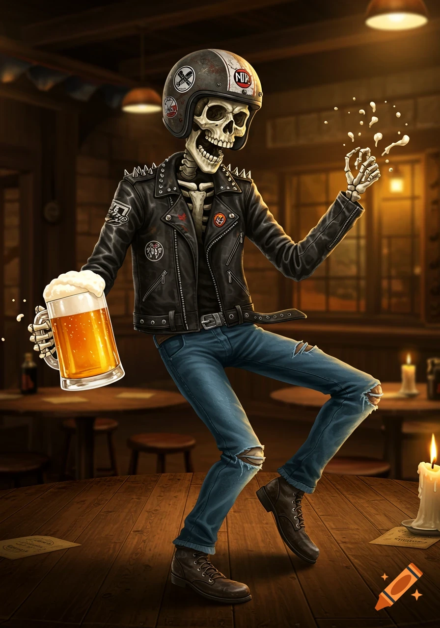 A stylized skeleton in a biker jacket and helmet dances on a wooden bar table, holding a mug of beer in one hand and gesturing with the other, in a dimly lit pub.