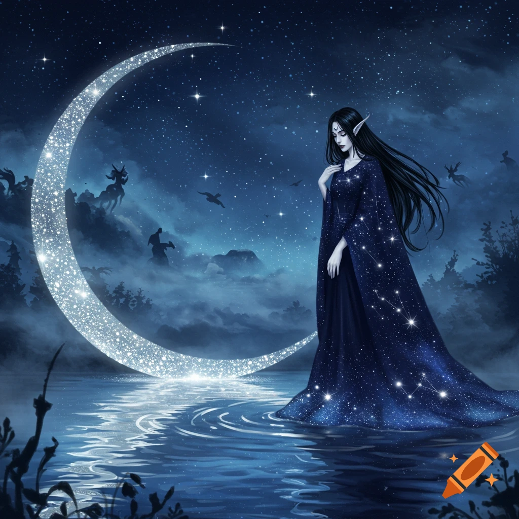 A dark-haired fantasy elf in a starry blue gown stands in moonlit water under a crescent moon and night sky.
