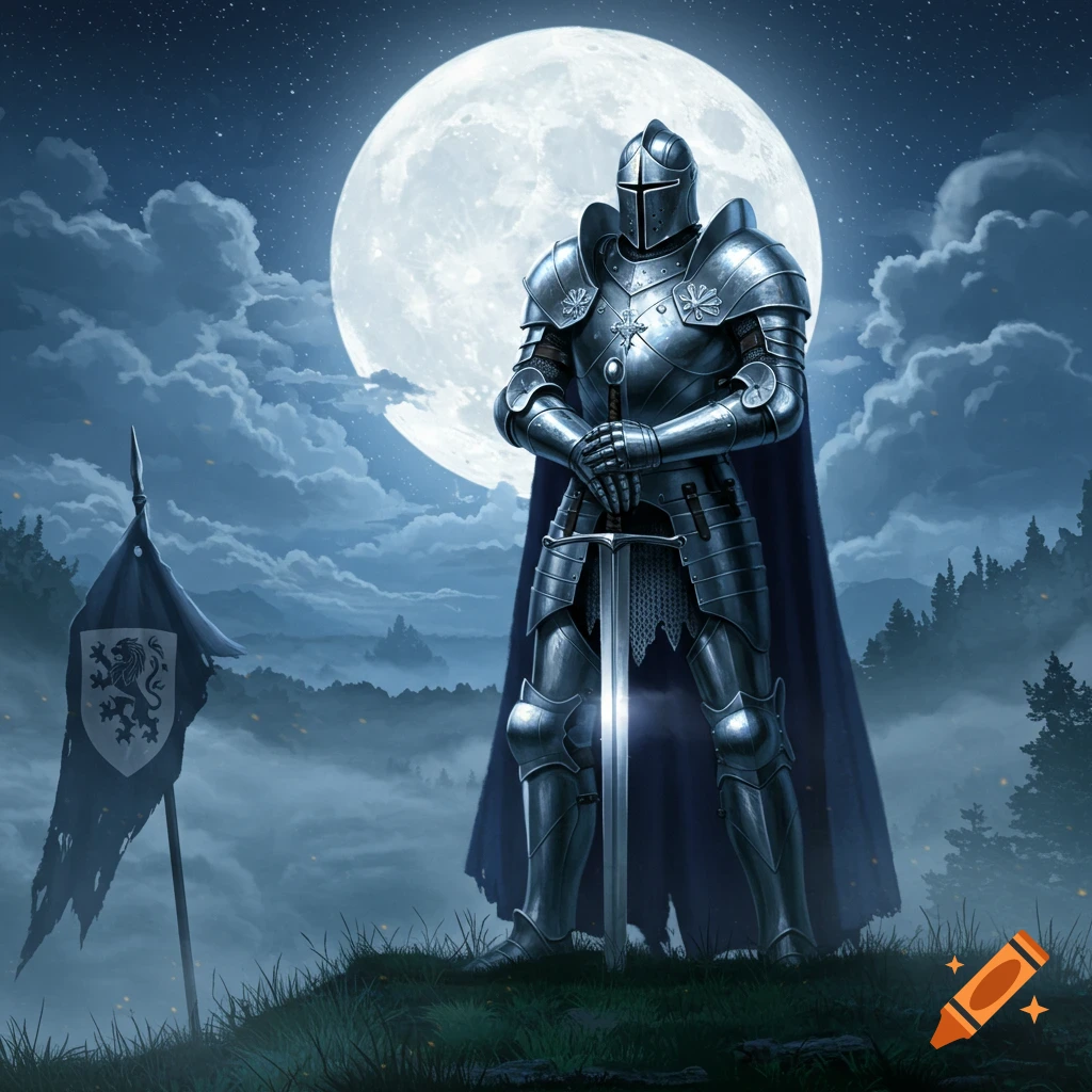 A knight in shining armor stands on a hill under a large full moon, holding a sword. A tattered banner with a crest is nearby.