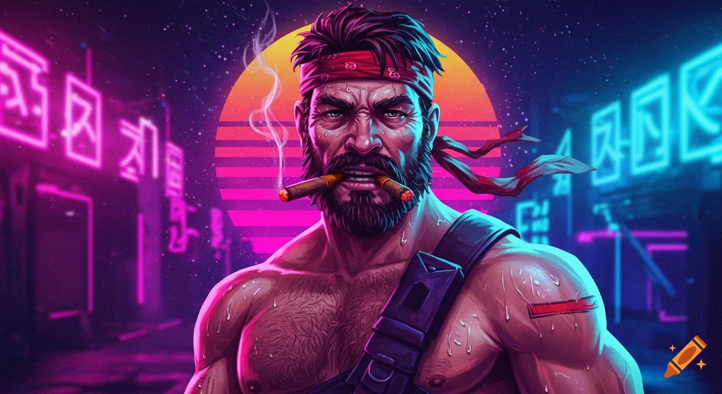A sweaty 90s-era commando with a beard and red bandana, holding a cigar, stands in a synthwave city with neon lights.