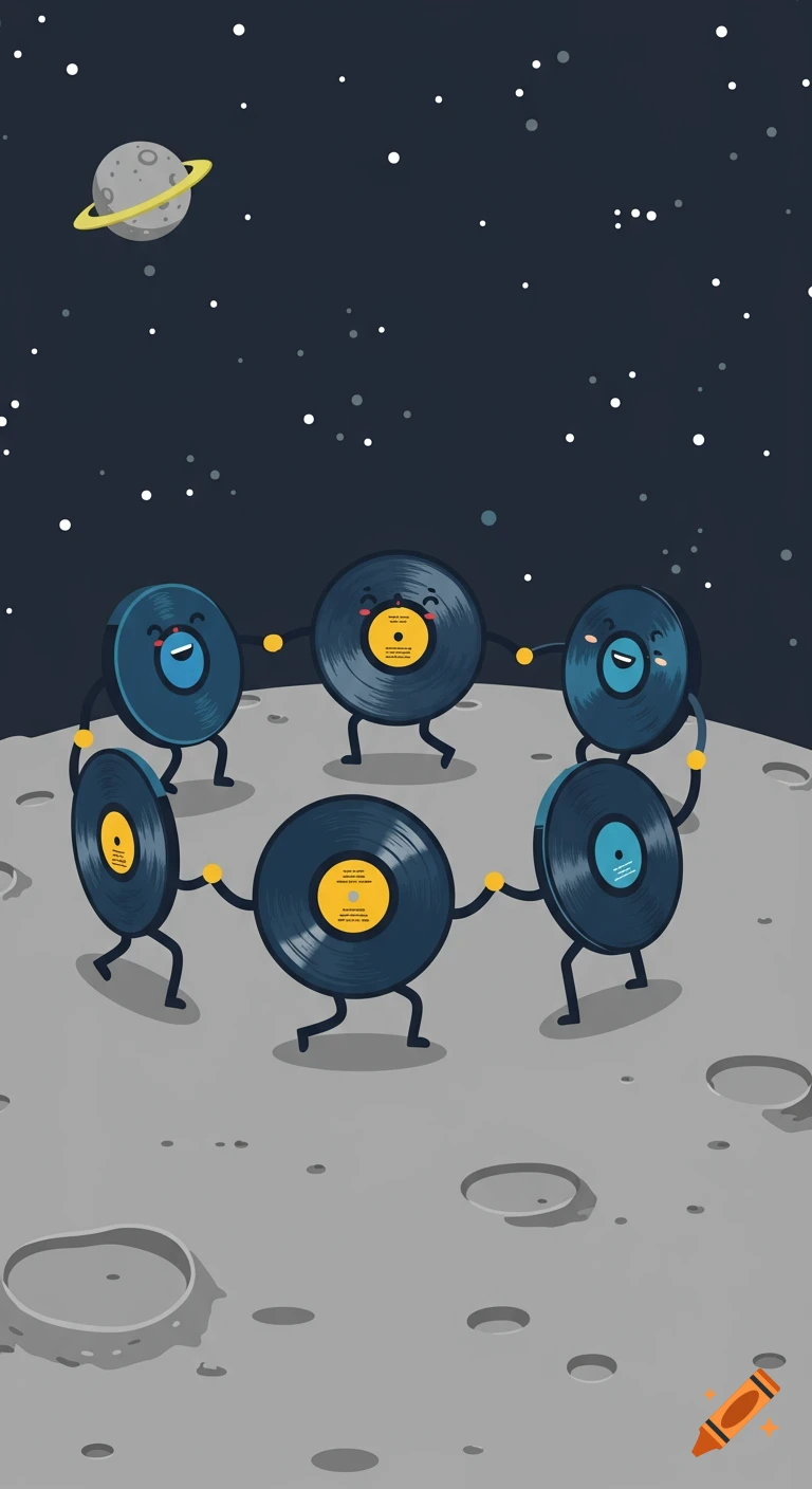 Anthropomorphized vinyl records happily dancing in a circle on the moon, with a planet and stars in the night sky. Illustration style.