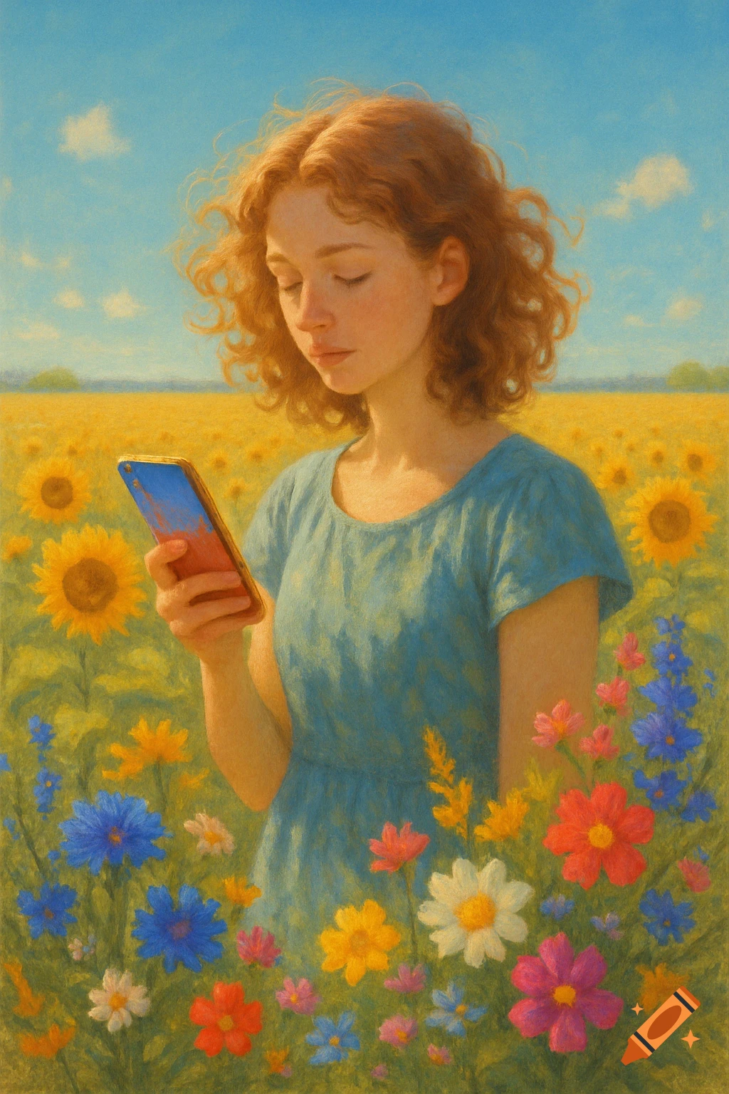 A young woman with red hair in a blue dress looks at a smartphone in a field of sunflowers and wildflowers, painted in a painterly style.